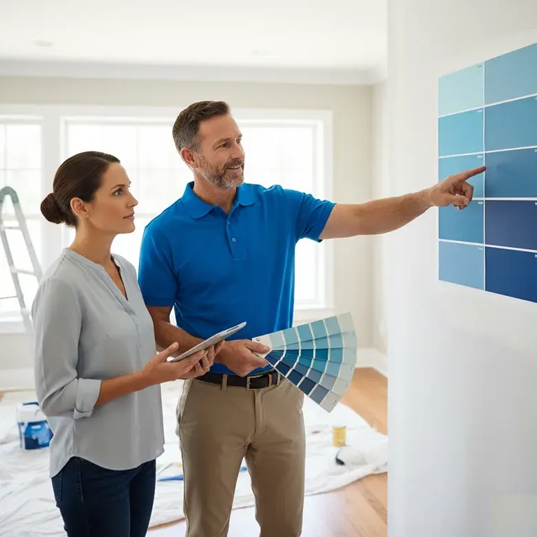 Professional interior painter discussing color options for a living room wall.